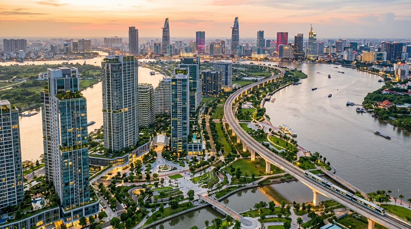 Lotte Thủ Thiêm - Phối cảnh tuyến đường sắt Thủ Thiêm - Long Thành nhìn từ Khu đô thị mới Thủ Thiêm