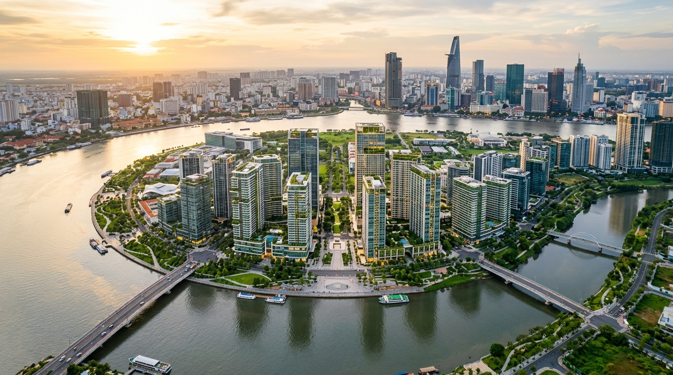 Lotte Thủ Thiêm - Lotte Eco Smart City Thủ Thiêm nhìn từ trên cao — phân khu 2A bên sông Sài Gòn