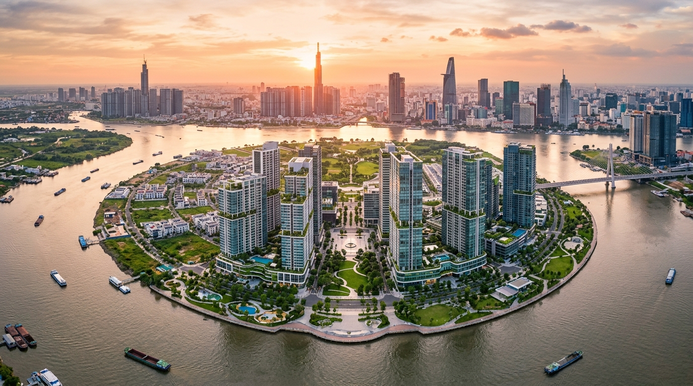 Lotte Thủ Thiêm - Lotte Eco Smart City Thủ Thiêm nhìn từ trên cao, phân khu 2A bên sông Sài Gòn