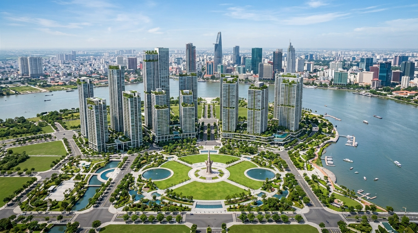 Lotte Thủ Thiêm - Phối cảnh công viên hồ trung tâm và khu vực quy hoạch Tượng đài Thống Nhất tại Khu đô thị mới Thủ Thiêm, liền kề Lotte Eco Smart City Thủ Thiêm