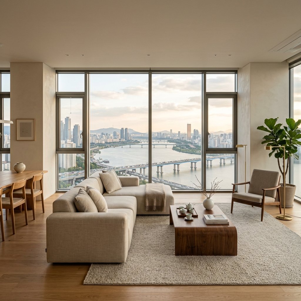 Nội thất căn hộ cao cấp Lotte Thủ Thiêm với cửa kính lớn nhìn ra sông Sài Gòn và skyline TP.HCM