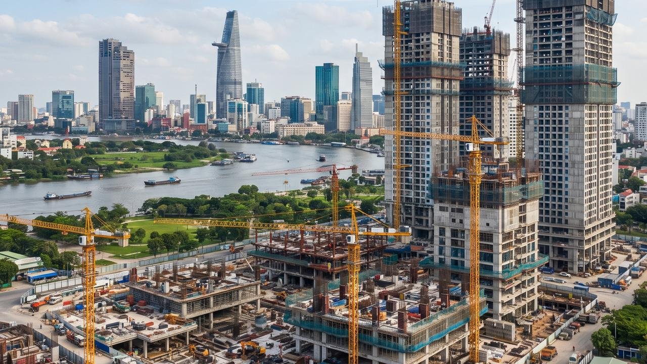 Công trường thi công dự án bất động sản tại Thủ Thiêm 2026