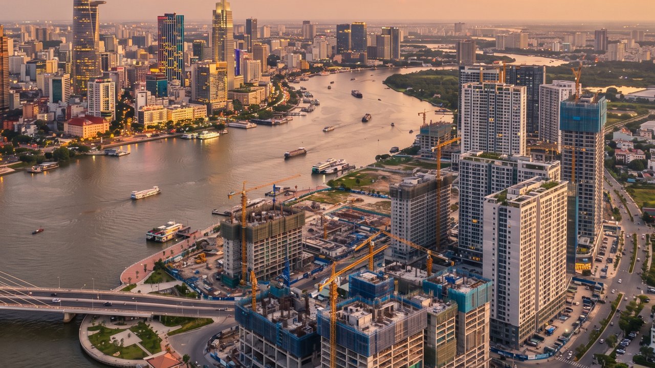 Toàn cảnh Khu đô thị mới Thủ Thiêm nhìn từ trên cao, nơi Lotte Eco Smart City và Empire City cùng tọa lạc ven sông Sài Gòn
