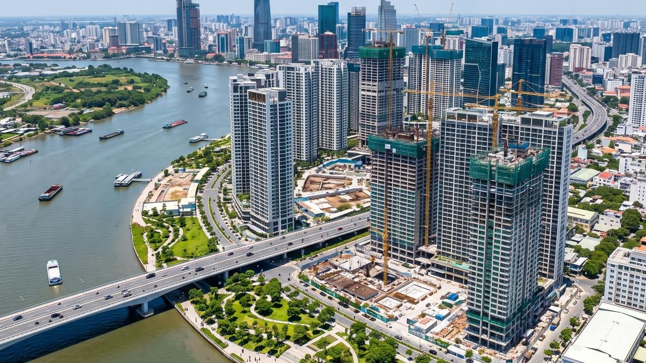 Toàn cảnh khu đô thị mới Thủ Thiêm nhìn từ trên cao với các dự án đang thi công ven sông Sài Gòn