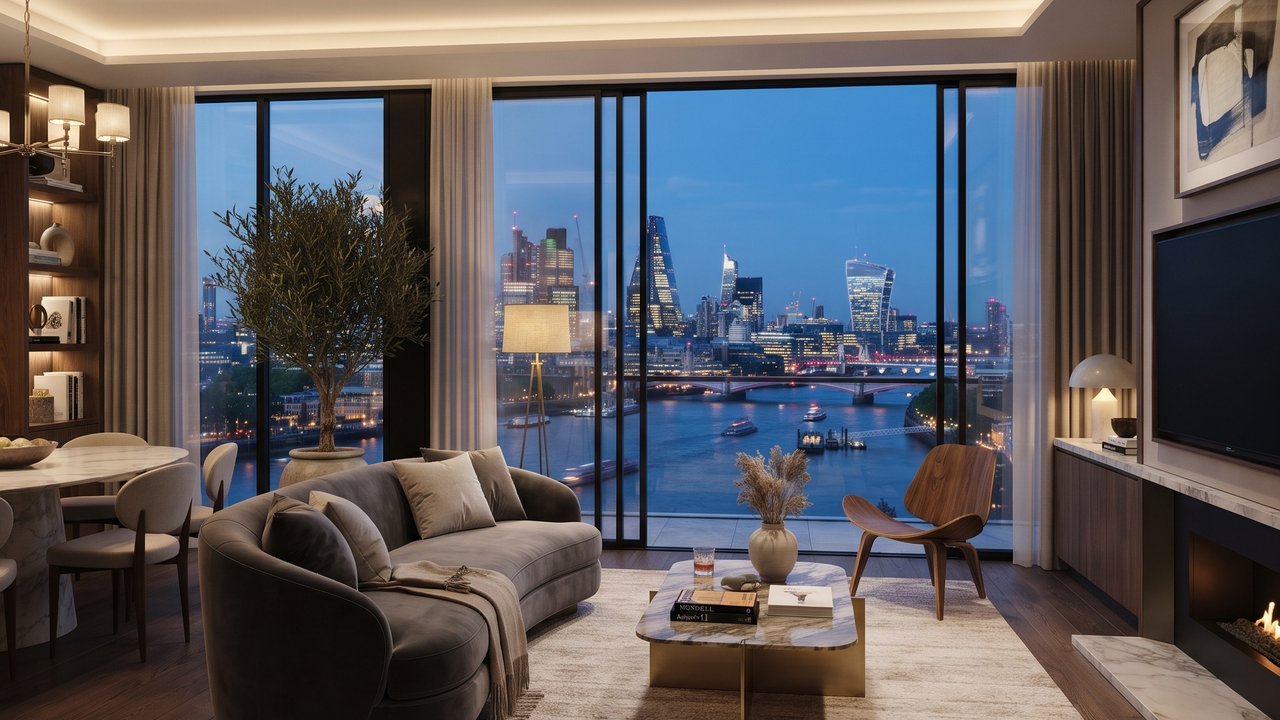 Không gian nội thất căn hộ cao cấp với view sông và skyline, minh họa cho phân khúc căn hộ Thủ Thiêm bán cho người nước ngoài