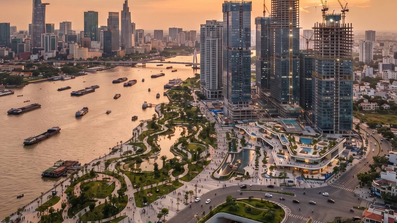 Toàn cảnh khu phức hợp Lotte Eco Smart City Thủ Thiêm ven sông Sài Gòn nhìn từ trên cao