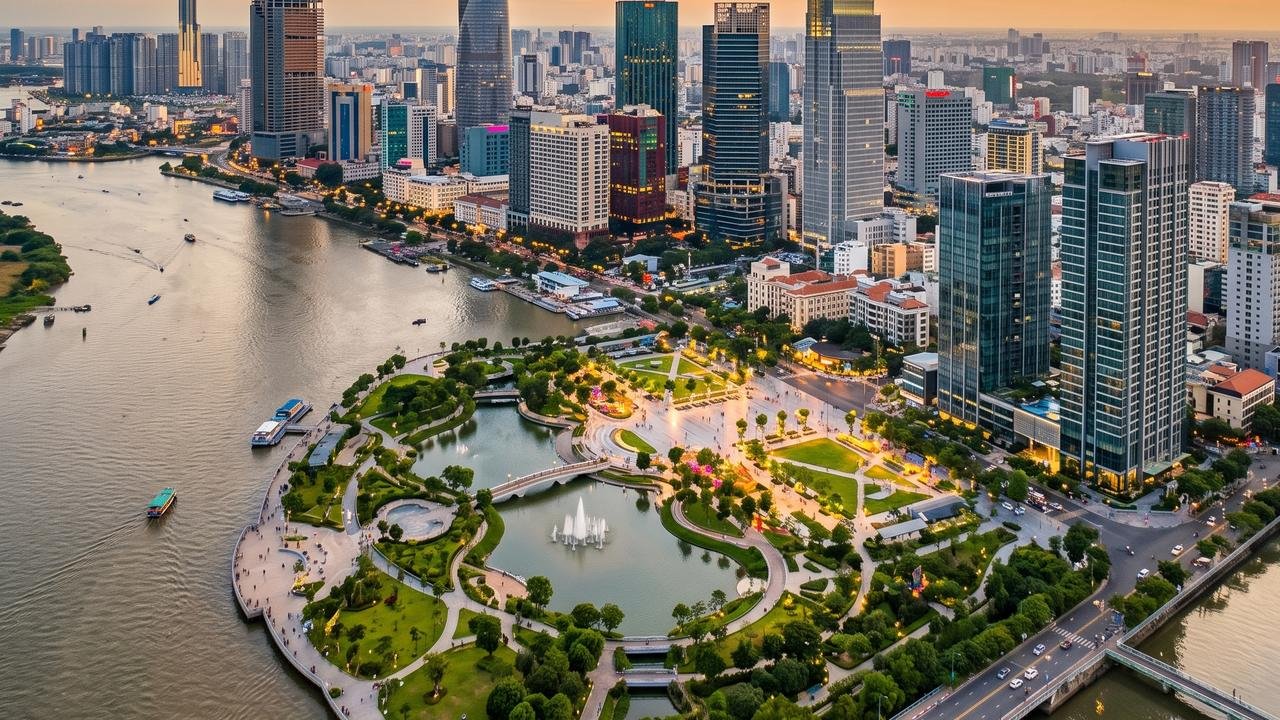 Phối cảnh quảng trường trung tâm Thủ Thiêm nhìn từ trên cao gần dự án Lotte Thủ Thiêm