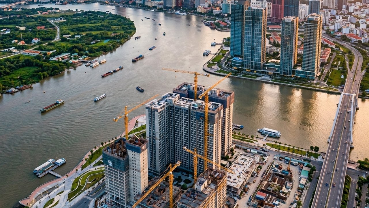 Toàn cảnh khu đô thị mới Thủ Thiêm nhìn từ trên cao, các dự án bất động sản đang triển khai dọc sông Sài Gòn