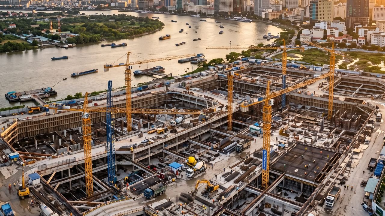 Công trường thi công móng cọc và tầng hầm dự án Lotte Eco Smart City Thủ Thiêm tháng 8/2026