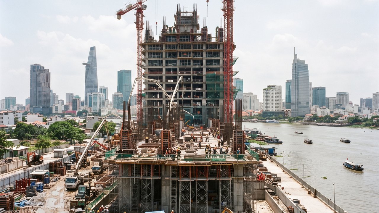 Công trường thi công tòa tháp cao tầng tại Thủ Thiêm với cần cẩu và kết cấu thép