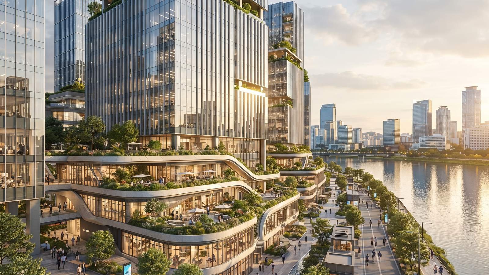 Phối cảnh minh họa tháp văn phòng hạng A và khối đế thương mại của Lotte Eco Smart City Thủ Thiêm