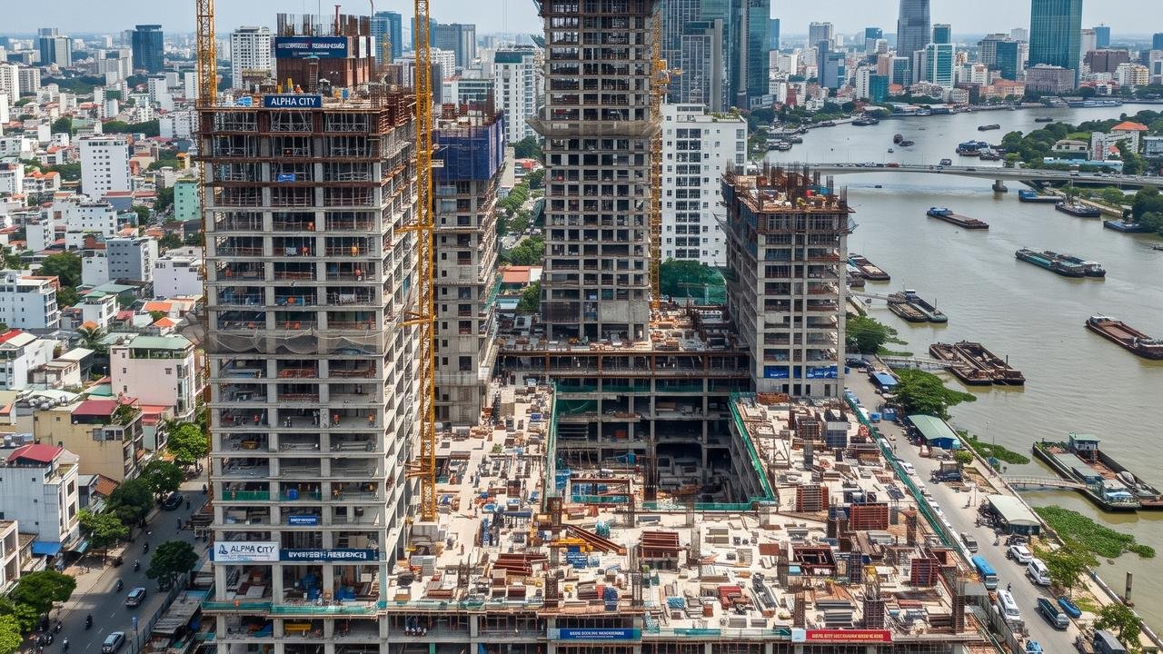 Công trường thi công cao ốc phức hợp ven sông tại Thủ Thiêm, TP.HCM