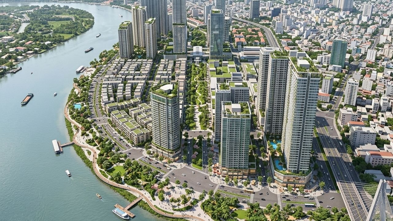 Phối cảnh tổng thể quy hoạch nhiều tòa tháp ven sông minh họa dự án Lotte Eco Smart City Thủ Thiêm sau khi Phát Đạt góp vốn