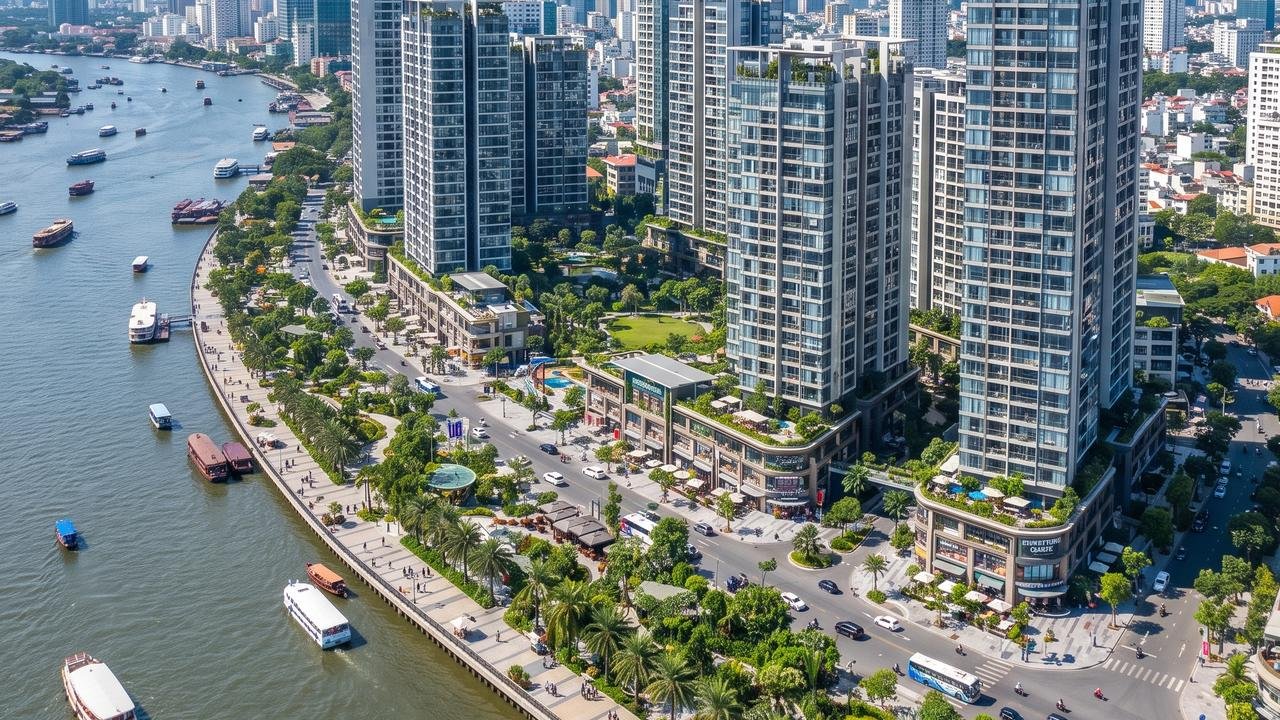 Khu phức hợp căn hộ và phố thương mại ven sông tại Thủ Thiêm, minh họa mô hình phát triển của khu đô thị Sala