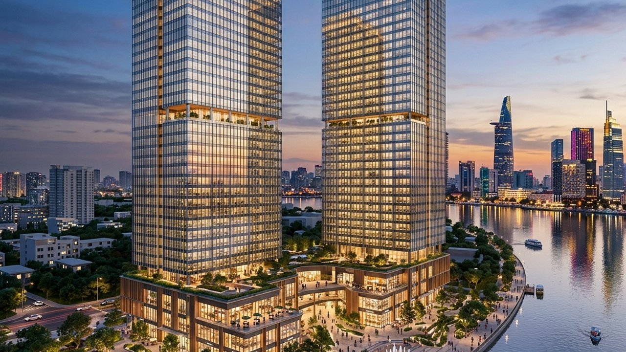 Phối cảnh khối tháp thương mại dịch vụ Lotte Eco Smart City Thủ Thiêm nhìn từ sông Sài Gòn